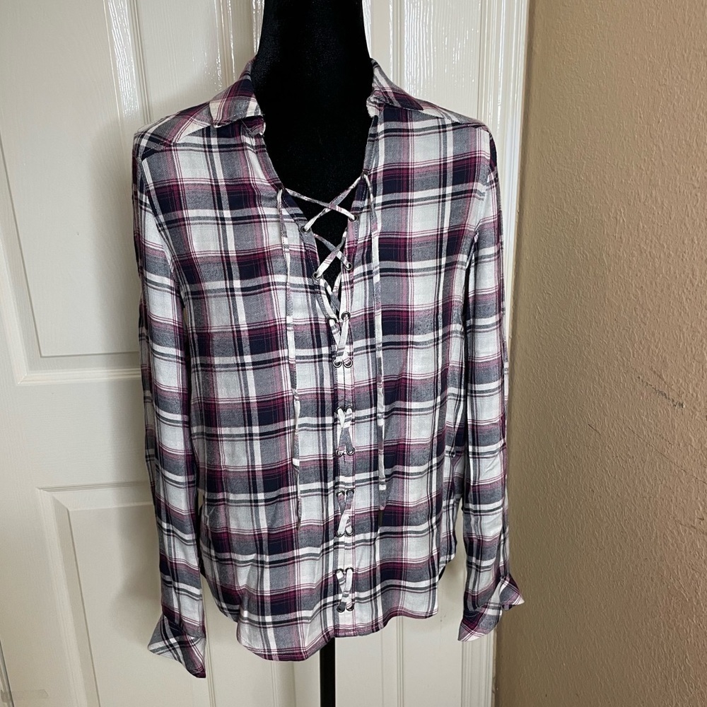 PAIGE Women's Button Up Tie Front Kieran Top Blouse Plaid Gray/Red Size Small   - Picture 6 of 13